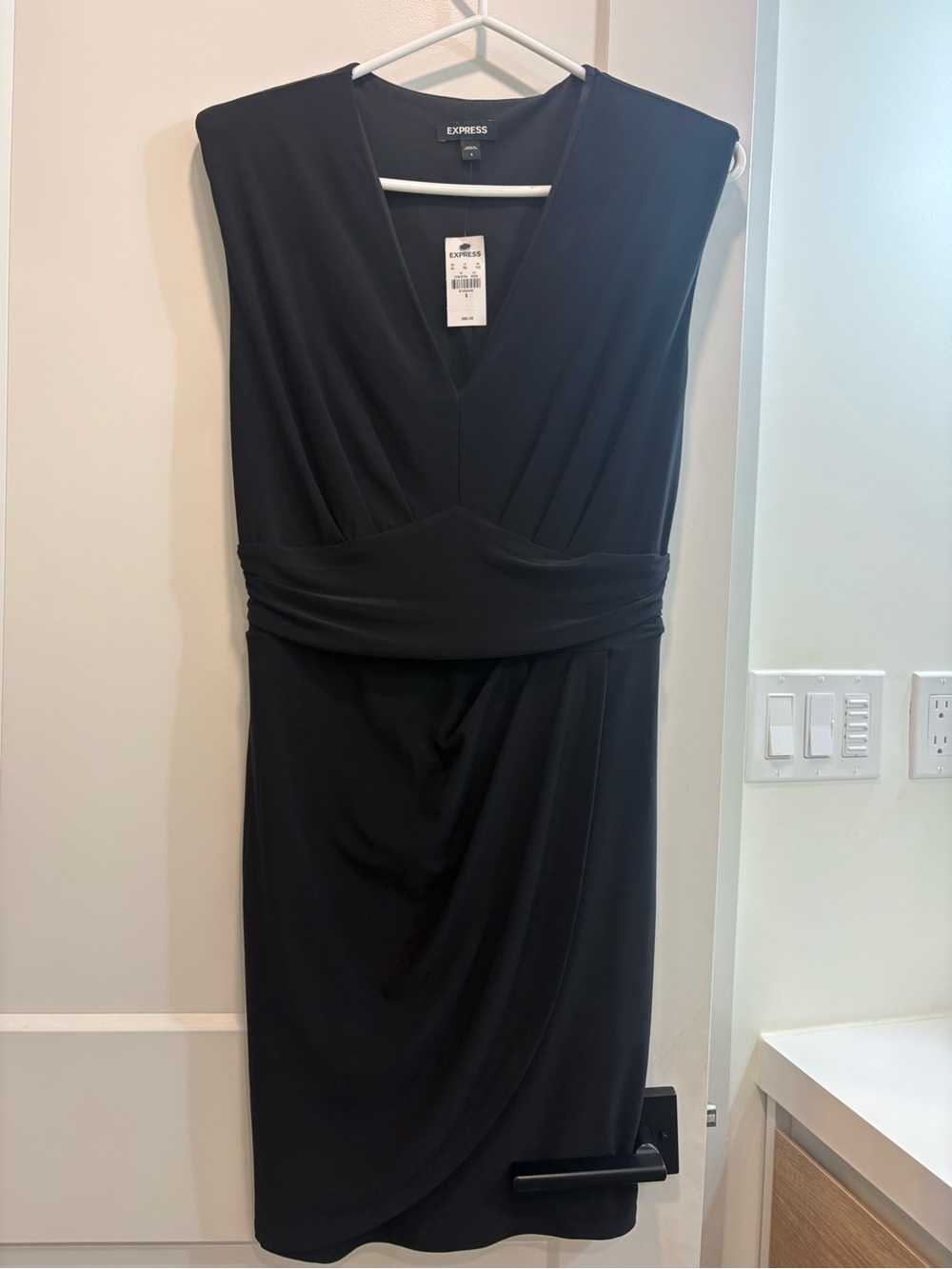 Express Black V-Neck Draped Waist Midi Dress